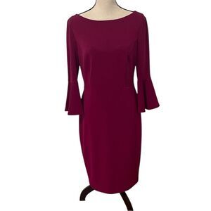 Harper Rose Bell Sleeve Bateau Neck Magenta Midi Dress Zip Back Lined EUC